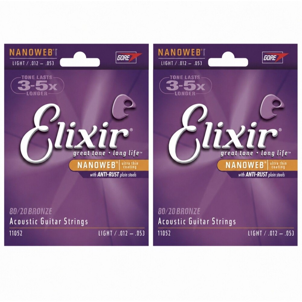 2 PACK - Elixir 11052 Nanoweb Acoustic Guitar Strings Light 12-53 - BRAND NEW